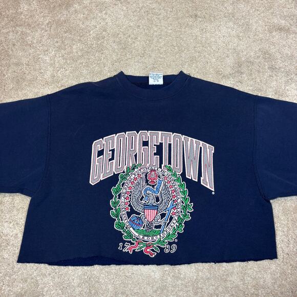 Vintage 90s Georgetown Hoyas Crest Cropped Sweatshirt Large Made in USA - Picture 2 of 11